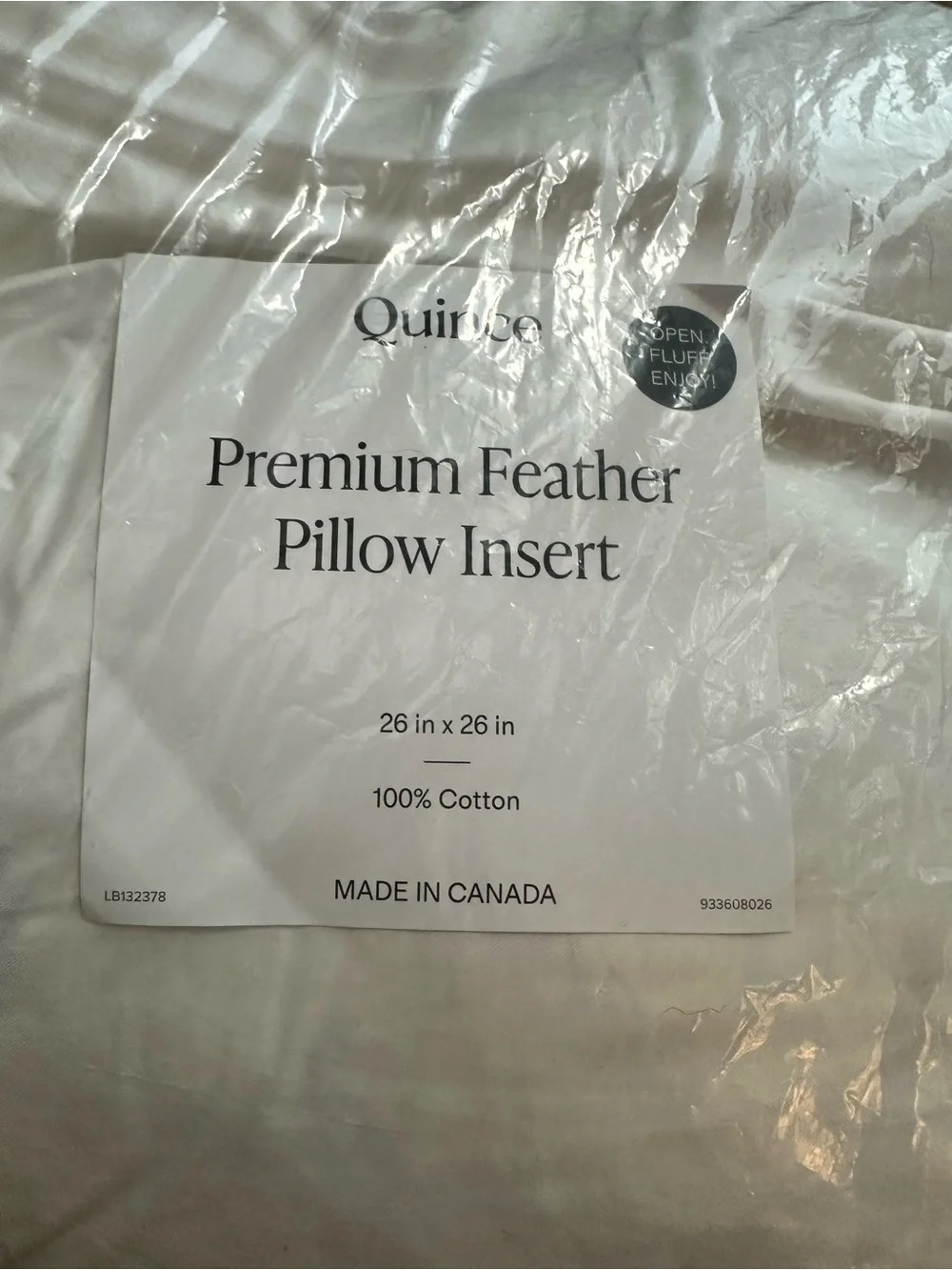 Quince Premium Feather Pillow Insert 26” x 26” 100% Cotton - NWOT